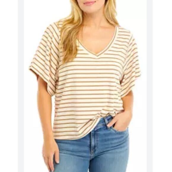 Oak and Trellis Striped V-neck Slouchy T-Shirt Women’s Sz Large Cream & Tan - Picture 2 of 8